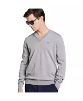 Элегантный шерстяной свитер с v образным вырезом Lacoste, серый