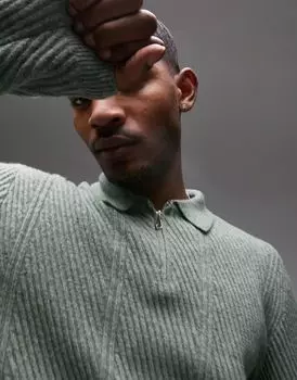 Элегантный вязаный свитер-поло шалфейного цвета Topman с полумолнией и полосками в виде шеврона