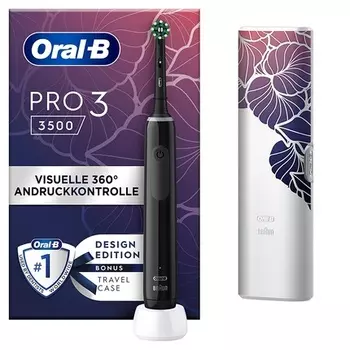 Электрическая зубная щетка Oral-B PRO 3 3500 с 3 режимами чистки и визуальным контролем давления на 360° для ухода за зубами — черная, с дорожным футляром с цветочным рисунком Oral B