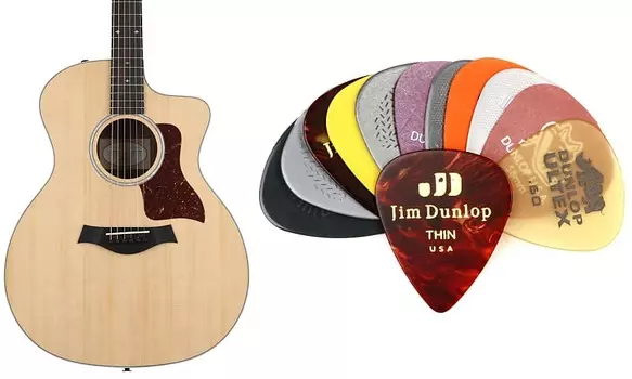 Электроакустическая гитара Taylor 214ce Deluxe — натуральный цвет, нижняя дека и обечайки из многослойного палисандра Комплект с разнообразным набором гитарных медиаторов Dunlop PVP101 — светлый/средний
