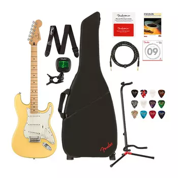 Электрогитара Fender Player Stratocaster Buttercream — недорогой комплект с чехлом для гитары, 10-дюймовым инструментальным кабелем, регулируемой подставкой для гитары, тюнером, струнами и аксессуарами