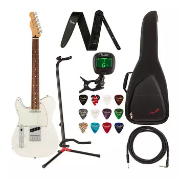 Электрогитара Fender Player Telecaster (для левшей, полярно-белая) Роскошный комплект с сумкой для переноски, кабелем, подставкой, ремнем, тюнером, струнами, обучающей книгой, медиаторами и предоплаченной картой