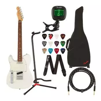 Электрогитара Fender Player Telecaster (для левшей, полярно-белая) Value Bundle с чехлом для гитары, кабелем, подставкой, ремнем, тюнером, струнами, книгой для обучения игре на гитаре, гитарными медиаторами и предоплаченной картой