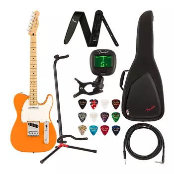 Электрогитара Fender Player Telecaster (праворукая, оранжевая капри) Роскошный комплект с сумкой, кабелем, подставкой, ремнем, тюнером, струнами, обучающей книгой, медиаторами и предоплаченной картой