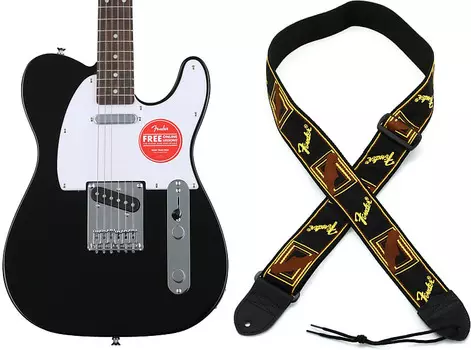 Электрогитара Squier Bullet Telecaster с грифом Laurel - черный комплект с 2-дюймовым гитарным ремнем Fender с монограммой - черный, желтый и коричневый Squier + Fender 0370045506=1 0990681000=1