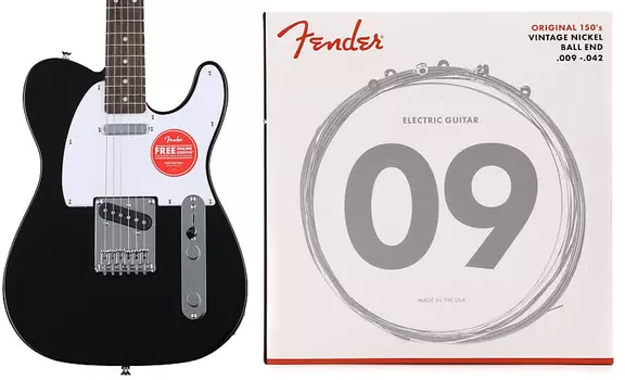 Электрогитара Squier Bullet Telecaster с грифом Laurel — черный комплект с Fender 150L, ​​оригинальные винтажные никелевые струны для электрогитары 150-х годов — .009-.042 Light Squier + Fender 0370045506=1 0730150403=1