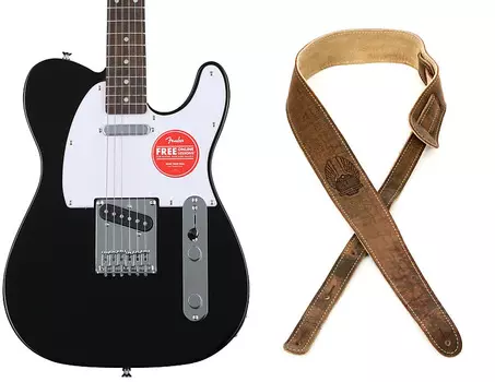 Электрогитара Squier Bullet Telecaster с накладкой на гриф Laurel — черный комплект с ремешком Fender Road Worn — коричневый Squier + Fender 0370045506=1 0990660050=1