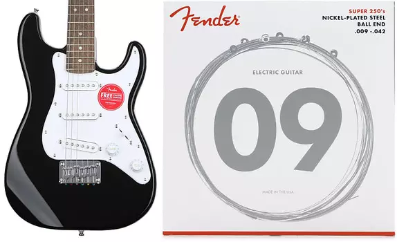 Электрогитара Squier Mini Strat - черная с комплектом накладки на гриф Laurel и струнами для электрогитары из никелированной стали Fender 250L Super 250 - .009-.042 Light Fender + Squier 0730250403=1 0370121506=1