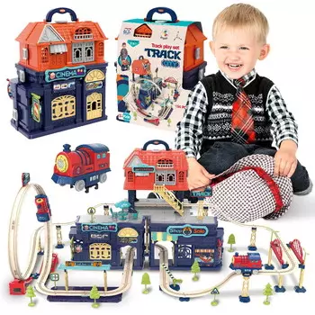 Электропоезд для детей 2в1 складной в чемодане 154 шт. железнодорожные пути поезд локомотив поезд наклейки Солнце детский набор Sun Baby