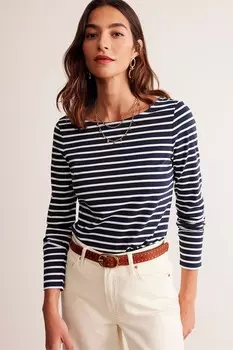 Элла бретонский топ с длинными рукавами из 100% хлопка Boden, голубой