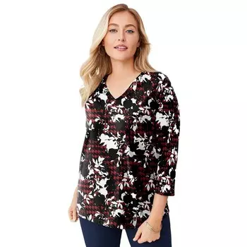 Jessica London Женская футболка из эластичного хлопка с v-образным вырезом больших размеров, цвет Red Floral Houndstooth