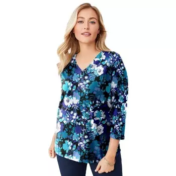 Jessica London Женская футболка из эластичного хлопка с v-образным вырезом больших размеров, цвет Teal Layered Garden