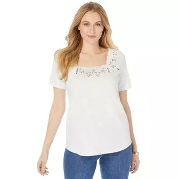 Jessica London Женская футболка из эластичного хлопка с вырезами больших размеров, белый