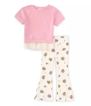Jessica Simpson Little Girls 2T-6X: топ с короткими рукавами и расклешенными брюками с цветочным принтом, розовый