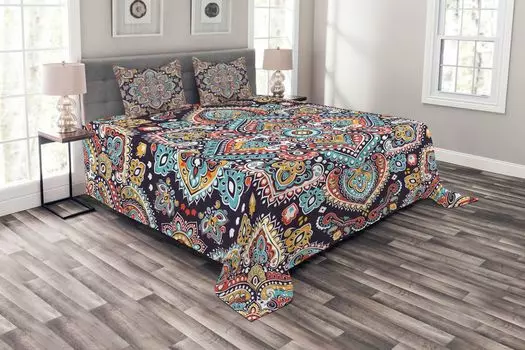 Этническое покрывало ABAKUHAUS, Vintage Boho Art, комплект с моющимися наволочками, для односпальных кроватей 264 x 220 см, разноцветный