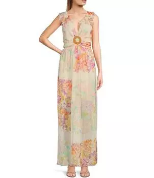 Эволюционное платье-кольцо с V-образным вырезом и цветочным принтом, развевающимися рукавами Evolutionary, мультиколор