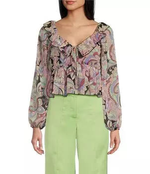 Эволюционный топ с баской и длинными рукавами с принтом и рюшами Evolutionary, мультиколор