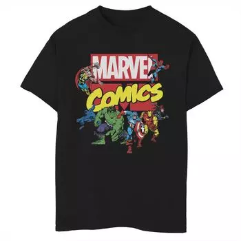 Эксклюзивная футболка с логотипом и графическим рисунком Marvel D23 для мальчиков 8–20 лет, ретро-комикс, групповая съемка Marvel