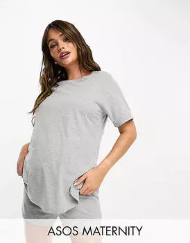 Эксклюзивная хлопковая пижама для кормящих мам ASOS DESIGN Maternity серого меланжевого цвета
