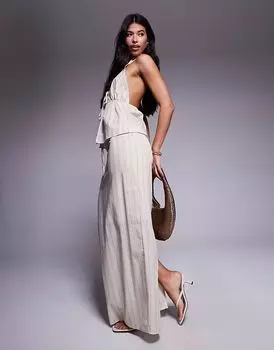 Эксклюзивная хлопковая юбка Kaiia с завязкой на талии и льняным эффектом в тон в кремовую полоску