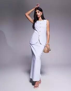 Эксклюзивная льняная юбка Kaiia макси с разрезом сзади в цвете пыльно-голубого цвета