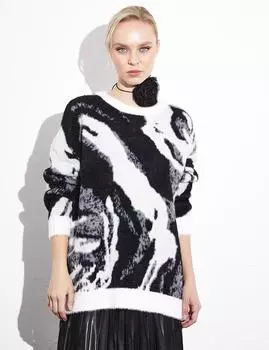 Эксклюзивная плюшевая трикотажная туника с абстрактным узором, черная, оптическая, белая Kayra