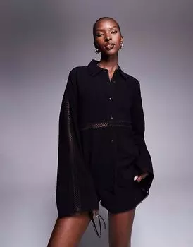 Эксклюзивная рубашка Frolic из льняной смеси с кружевной отделкой и пуговицами спереди черного цвета The Frolic