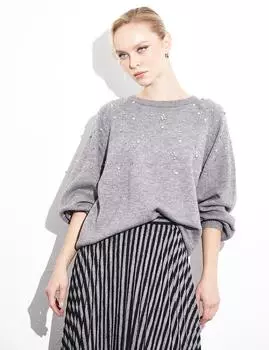 Эксклюзивная трикотажная блузка с рукавами реглан с камнями и жемчугом, серая Kayra