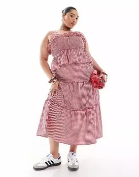 Эксклюзивная юбка макси Renee Studio Plus с бантом и вишневым декором в красную клетку