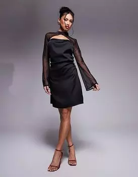 Эксклюзивное атласное мини-платье с высоким воротом, расклешенными прозрачными рукавами и вырезом черного цвета x Perrie Sian In The Style