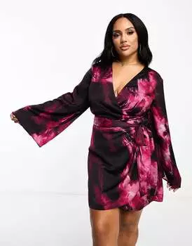 Эксклюзивное атласное мини-платье с запахом и завязкой на талии ASOS DESIGN Curve с абстрактным принтом
