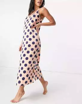 Эксклюзивное атласное ночное платье Y.A.S с розово-темно-синим точечным принтом