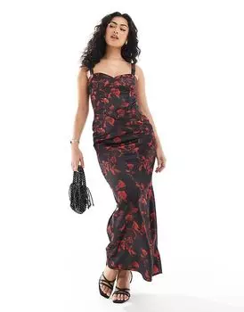 Эксклюзивное атласное облегающее макси-платье с корсетом в черном розовом цвете The Frolic