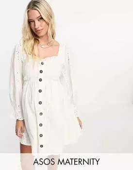 Эксклюзивное белое платье с квадратным вырезом и пуговицами ASOS DESIGN Maternity для беременных