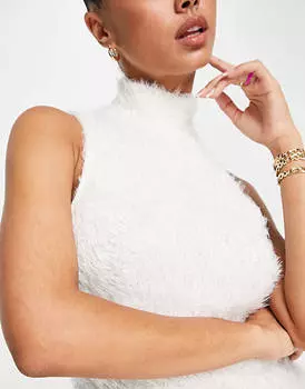 Эксклюзивное белое пышное мини-платье без рукавов с высоким воротником Pieces