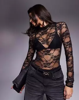 Эксклюзивное боди Kaiia с высоким воротом и открытой спиной из фестончатого кружева черного цвета