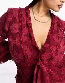 Эксклюзивное бордовое платье миди с оборками и завязками спереди ASOS DESIGN Curve