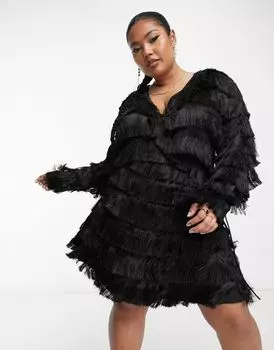 Эксклюзивное черное мини-платье с бахромой и кисточками ASOS DESIGN Curve