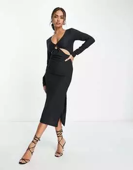 Эксклюзивное черное платье миди с вырезами и кольцами Pieces