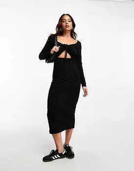 Эксклюзивное черное платье миди со сборками спереди и вырезом Pieces