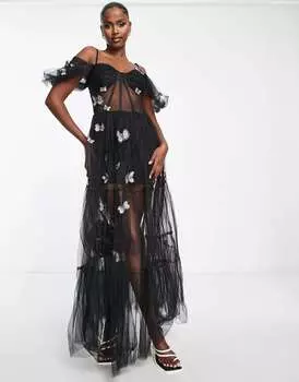 Эксклюзивное черное прозрачное корсетное платье с 3D-принтом и вышивкой Lace & Beads