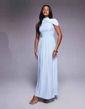 Эксклюзивное двухслойное облегающее асимметричное макси-платье Kaiia в пыльно-голубом цвете