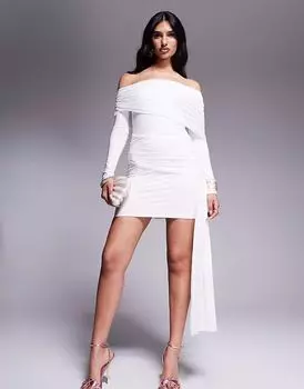 Эксклюзивное двухслойное облегающее мини-платье Kaiia с драпировкой на талии и защипами в белом цвете