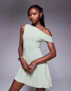 Эксклюзивное двухслойное облегающее мини-платье Kaiia с открытыми плечами и драпировкой в цвете шалфея