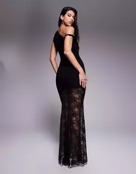 Эксклюзивное двухслойное облегающее платье Kaiia с открытыми плечами и асимметричной прозрачной кружевной юбкой макси черного цвета