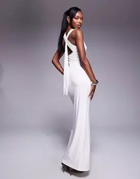 Эксклюзивное двухслойное облегающее платье-макси Kaiia с воротником-борцовкой и драпировкой сзади в белом цвете