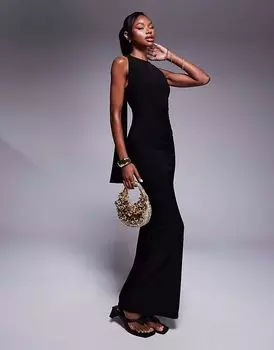 Эксклюзивное двухслойное облегающее платье макси Kaiia с воротником-борцовкой и драпировкой на спине черного цвета