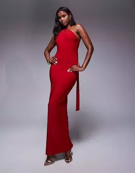 Эксклюзивное двухслойное облегающее платье макси от Kaiia с узлом на одно плечо и золотой фурнитурой на спине в красном цвете