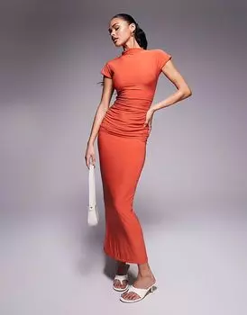 Эксклюзивное двухслойное облегающее платье макси от Kaiia с высоким воротом и рукавами-крылышками оранжевого цвета