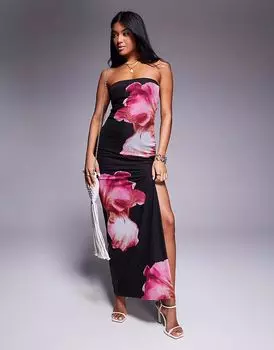 Эксклюзивное двухслойное обтягивающее сетчатое платье-бандо макси с цветочным принтом и разрезом на бедрах черного цвета от Kaiia